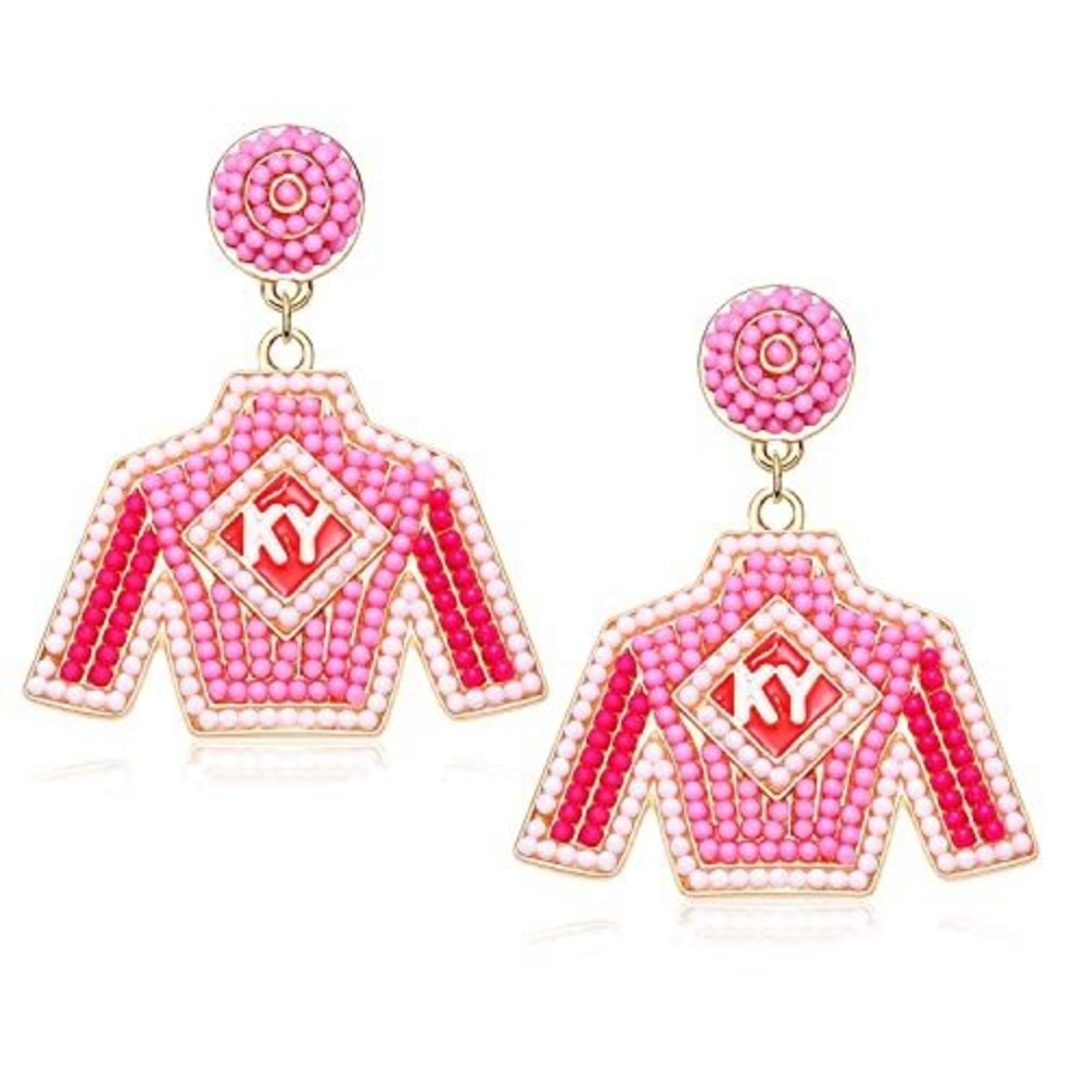 Pink Kentucky Derby‎ Jockey Silk Beaded Drop Earrings Horse Racing KY Statement